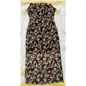 BEC + BRIDGE Floral Mesh Midi Dress Brown Beige Sheer Lined Slip USA 8